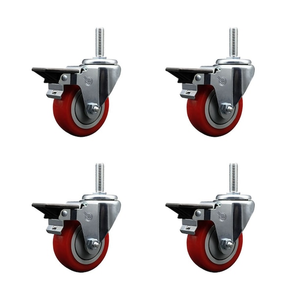 Service Caster 35 Inch Red Polyurethane Wheel Swivel 58 Inch Threaded Stem Caster Set with Brake SCC SCC-TS20S3514-PPUB-RED-PLB-58212-4 - main